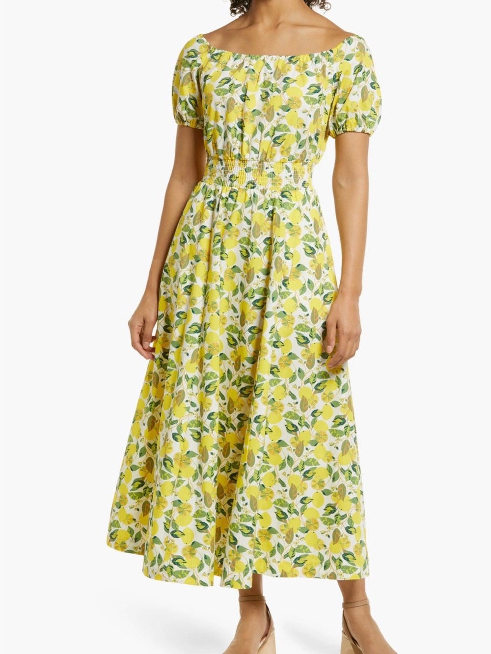 Boden Lemon Vine Print Smocked Maxi Dress Size 4 Yellow Green Ivory